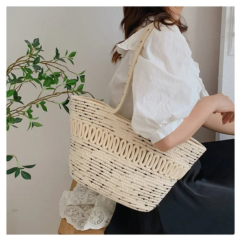 New Tidal Cotton Thread Beach Bag Grass Woven Women's Large Capacity Shoulder Bag Home and Daily Messenger Bag