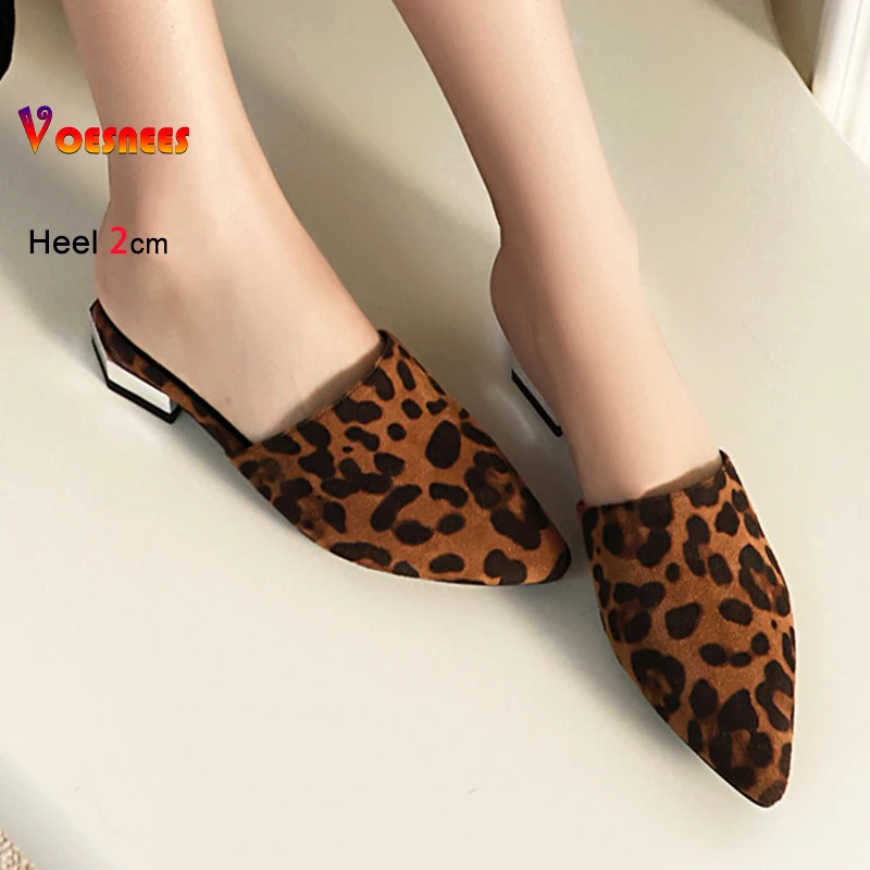 

Size 34-48 Women Block Heels Mules Suede Slippers 2025 New Fashion Leopard Slides Sandals Summer Pointed Slip-on 2CM Woman Shoes