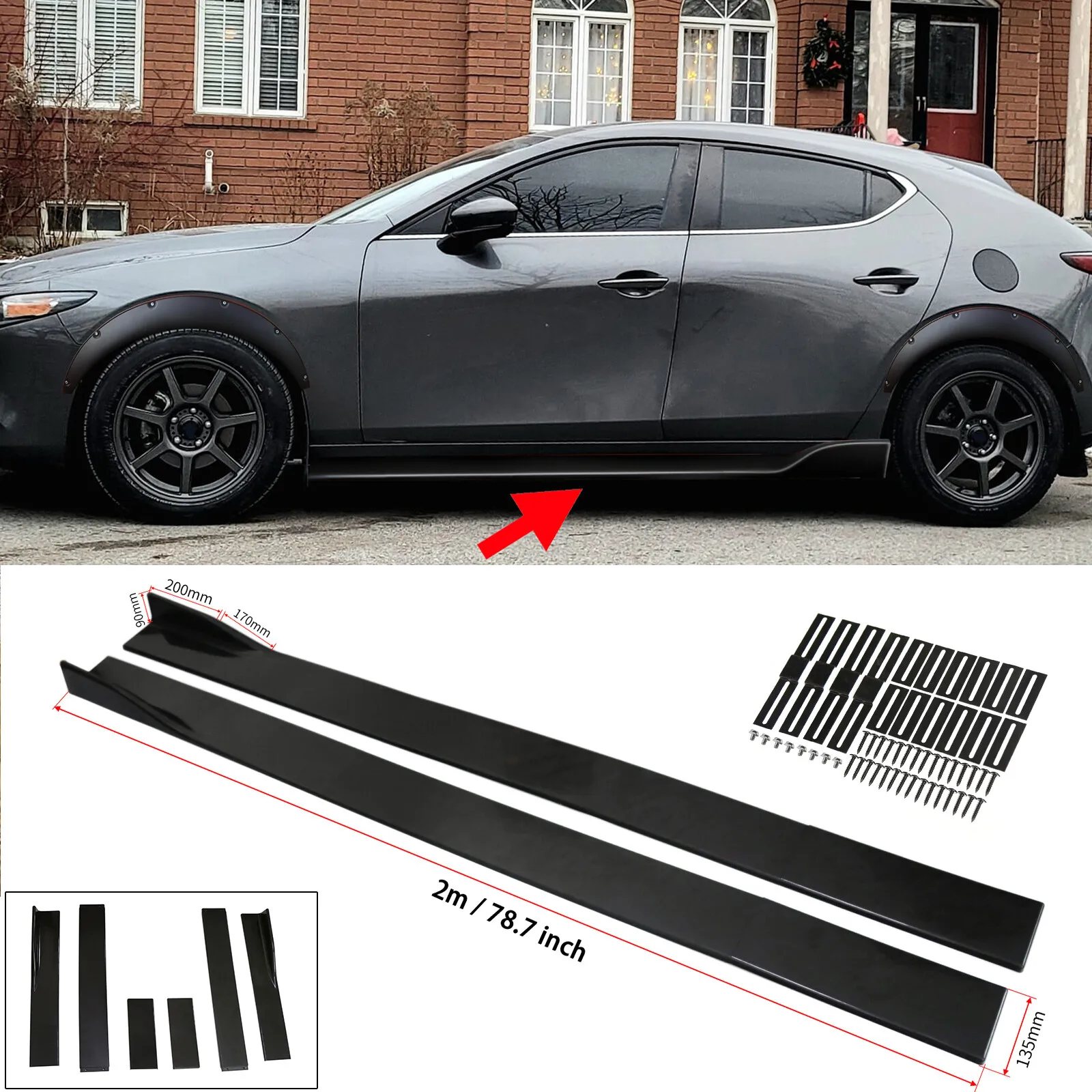 

78.7" Universal Car Fiber Side Skirt Extension Rocker Panel Splitter Lip Black