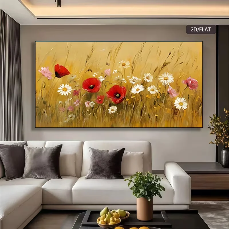 2D Flat, 2D Flat, A Large 2D/FLAT Unframed Canvas Painting Depicting Vibrant Red Poppies, Pure White Daisies, And Pink Flowers B