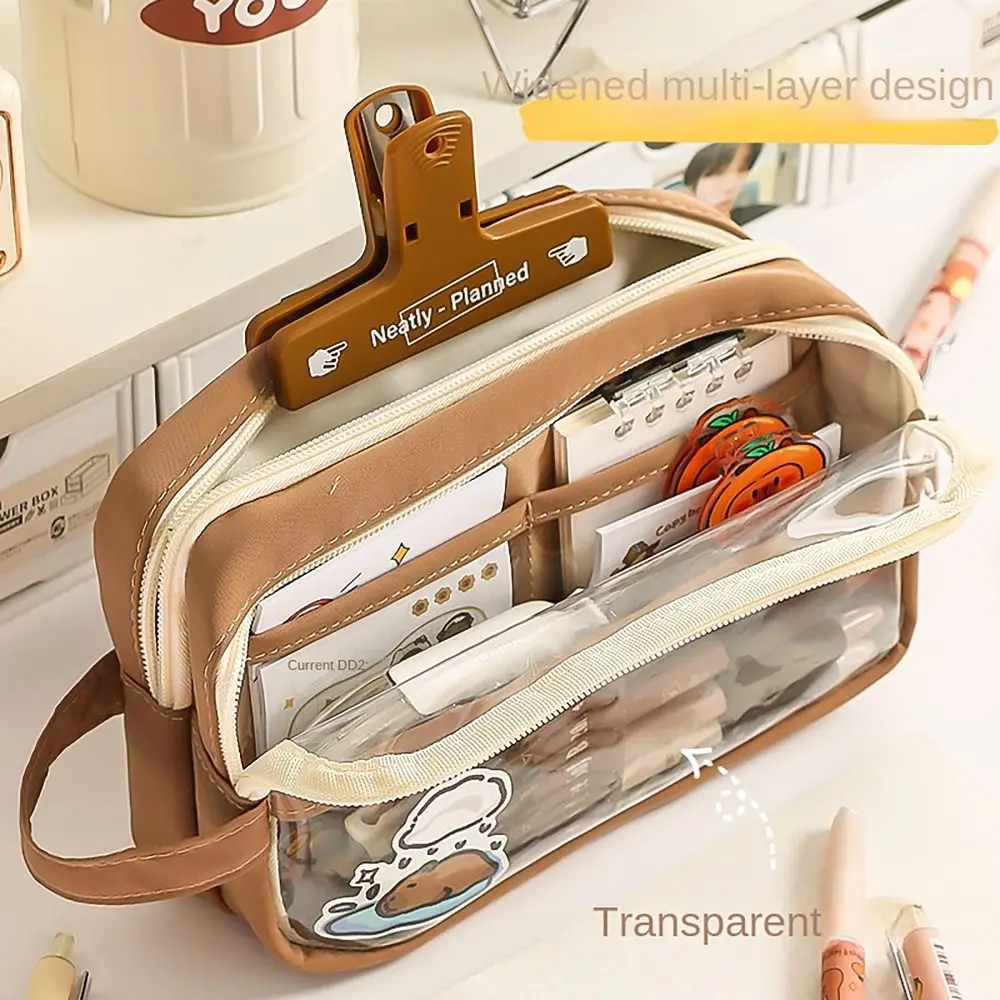 Creative Capybara Pencil Case 5 Layers Transparent Pen Bag with Handle Large Capacity Stationery Organizer Student Gift