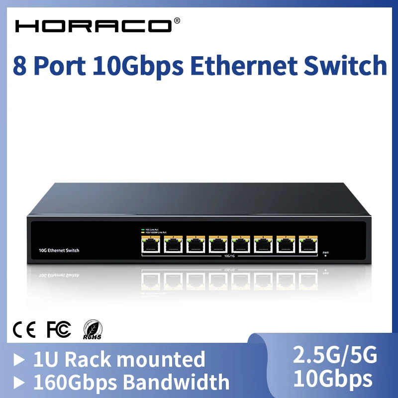 HORACO 10Gbps 8 Port Ethernet Switch 10000Mbps Network Switcher 160G Bandwidth Networking Hub Internet Splitter Plug and Play