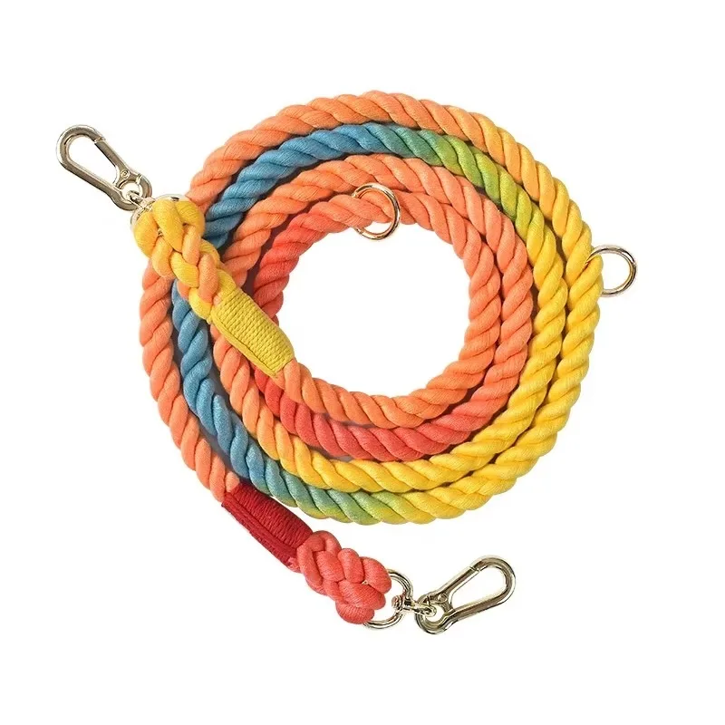 

Multifunctional Rainbow Colorful Cotton Rope Dog Leash Set Double Hook & Hands- Adjustable Outdoor Collar Pet Leashes