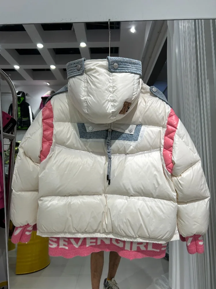 سترات نسائية 90 بيضاء مبطنة بأحرف مطبوعة معطف شتوي مقسم بقلنسوة سترة نسائية سميكة ودافئة بسحّاب سترة خارجية