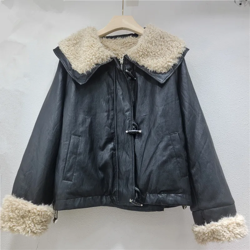 

Parkas Women Short Coats Fur Collar Zipper Pu Jackets Thick Warm Y2k Streetwear Elegant Jacket Work Coat Autumn Winter 2025