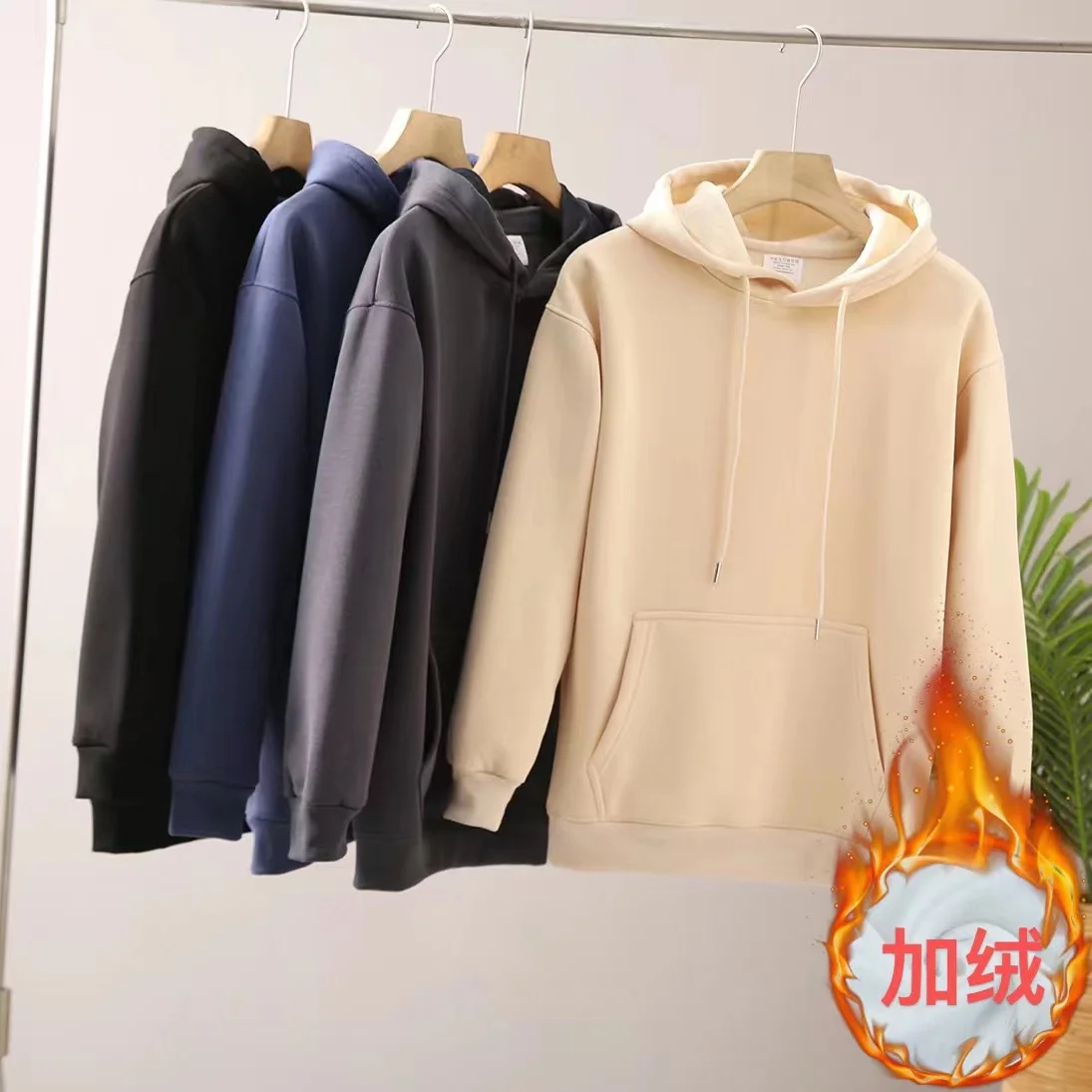 

2025 Autumn and Winter New American Retro Long Sleeve Hooded Thick Velvet Soid Color Hoodies Men's Casual Pullover Sportwear