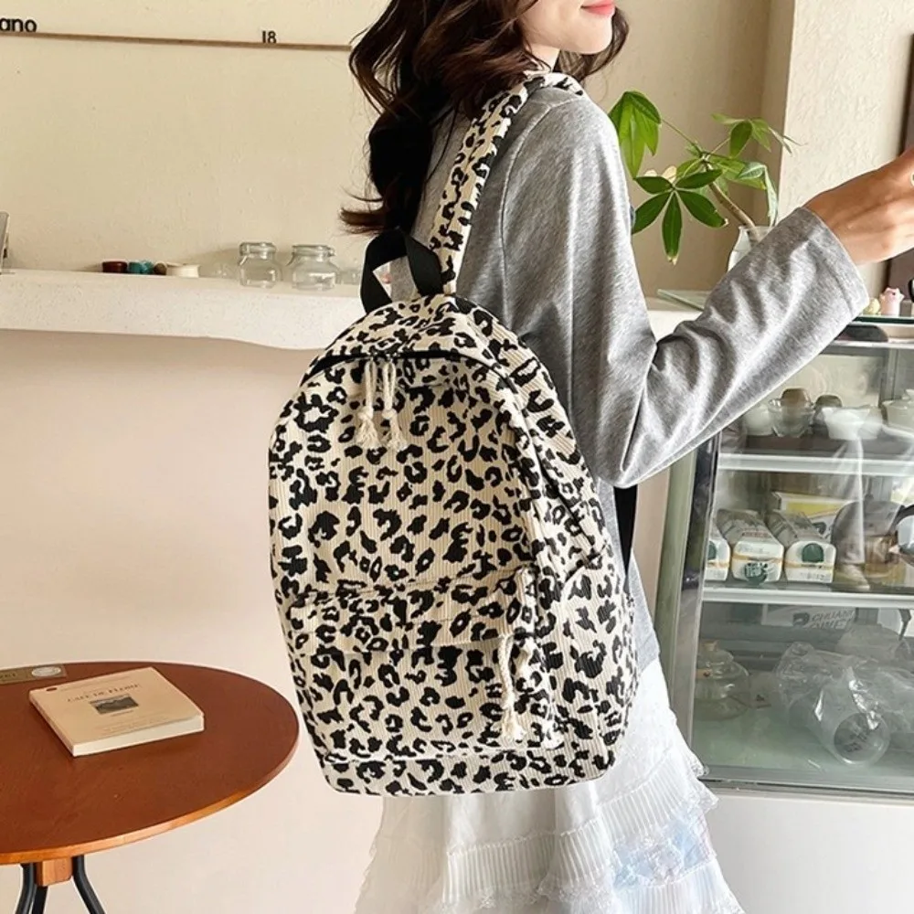 Corduroy Leopard Print Backpack Harajuku Lightweight Students School Bag College Style Korean Style Students Daypack Shopping