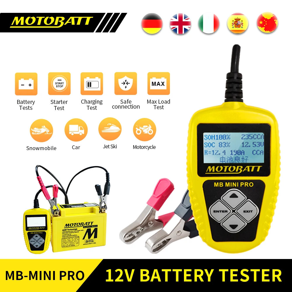 Motobatte Car Motorcycle Battery Tester 12V Battery System Analyzer 20-1000CCA Charging Cranking Test Tools For Motorcycles Cars