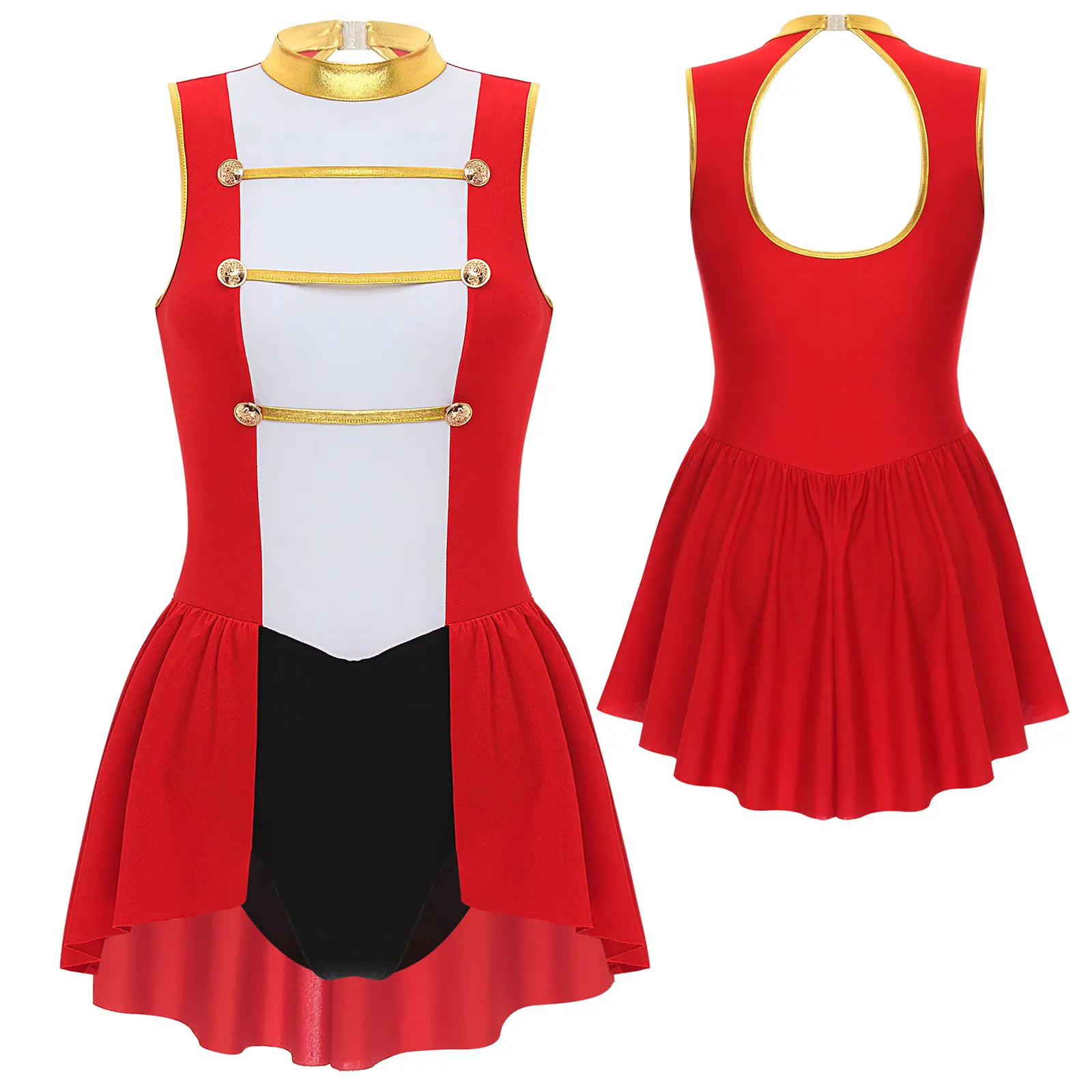 Womens Circus Ringmaster Halloween Cosplay Costume Sleeveless Back Cutout Skirted Bodysuit Jumpsuit