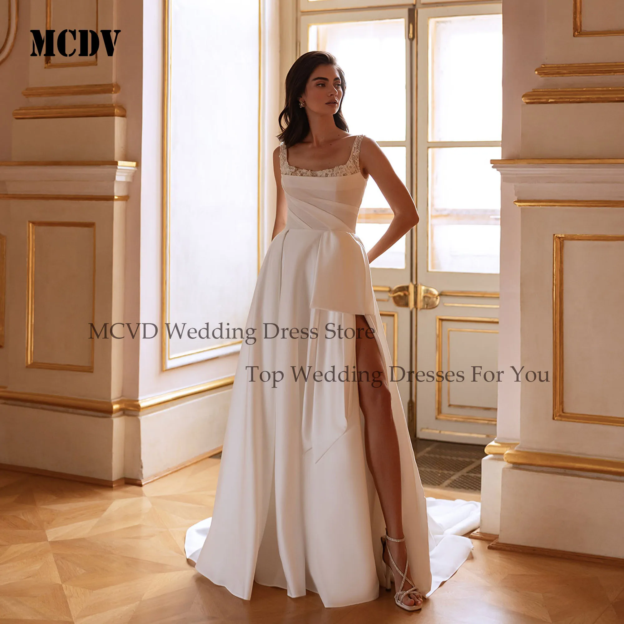 

MCDV Luxury Beading Wedding Dress Women Satin Sleeveless A-Line Satin Bride Gowns Customized Side Split Elegant Wedding Gowns