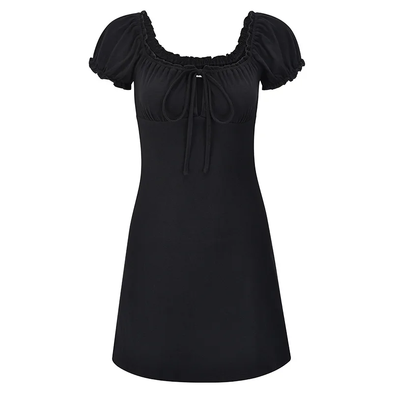 Vintage Cutout Lace Up Mini Dress Retro Puff Sleeve Black Dress Square Neck Ruffle Waist Dress Casual Short Summer Dresses