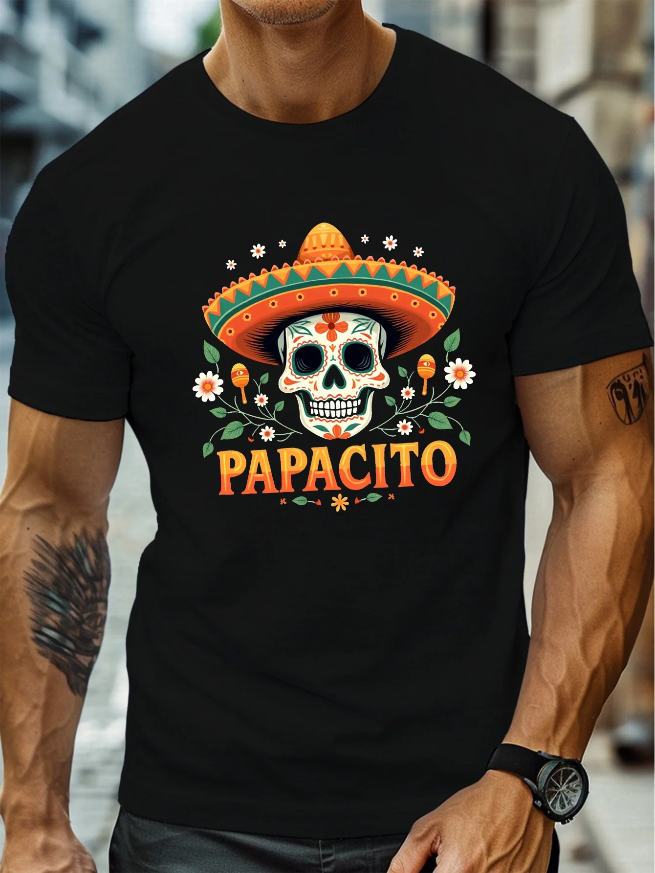 الرجال الرقبة تي شيرتات قصيرة الاكمام يوم الموتى الجمجمة تصميم نابضة بالحياة Papacito طباعة عادية الصيف تي شيرت الجمجمة تي شيرت بلايز رياضية