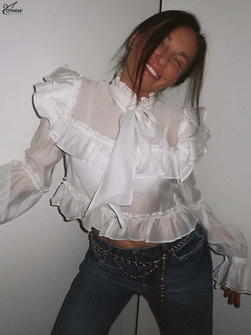 Oymimi Fashion White Ruffle Neck Women Shirts Elegant Cascading Ruffle Long Sleeve Lace-Up Shirt Casual Button Translucent Shirt