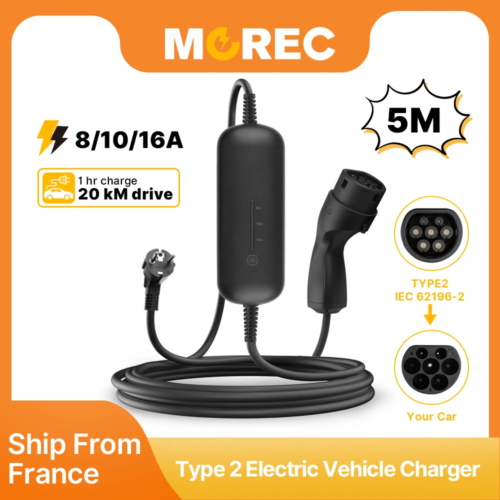 Morec Portable EV Charger Type 2 16A 3.6KW Electric Vehicle Charging Box Mode 2 Cable For Electric Car With Schuko Plug EVSE