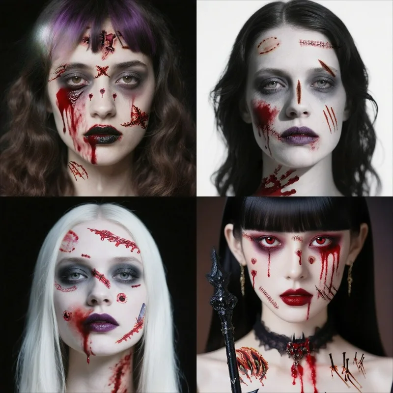 10Pcs Waterproof Halloween Tattoo Sticker, Funny Atmosphere Scar Sticker Realistic Blood Tattoo