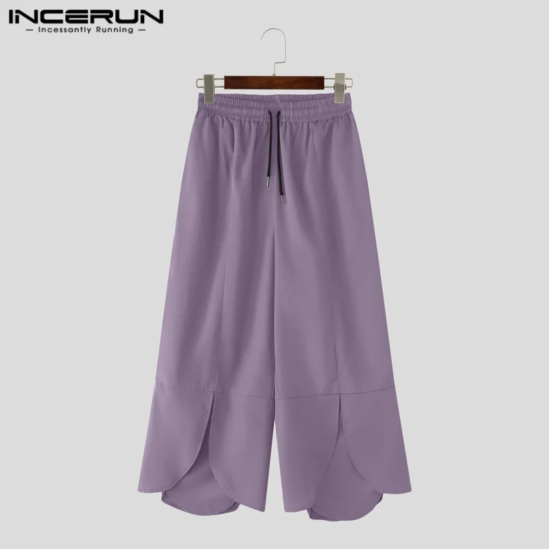

INCERUN Men Wide Leg Pants Solid Color Drawstring Joggers Casual Trousers Men Loose Streetwear 2025 Korean Style Fashion Pants
