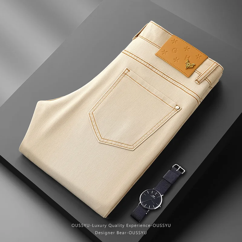 Luxury Quality Men European Style Apricot Yellow Jeans Slim Straight Elastic Casual Denim Pants Breathable Design Trousers Man