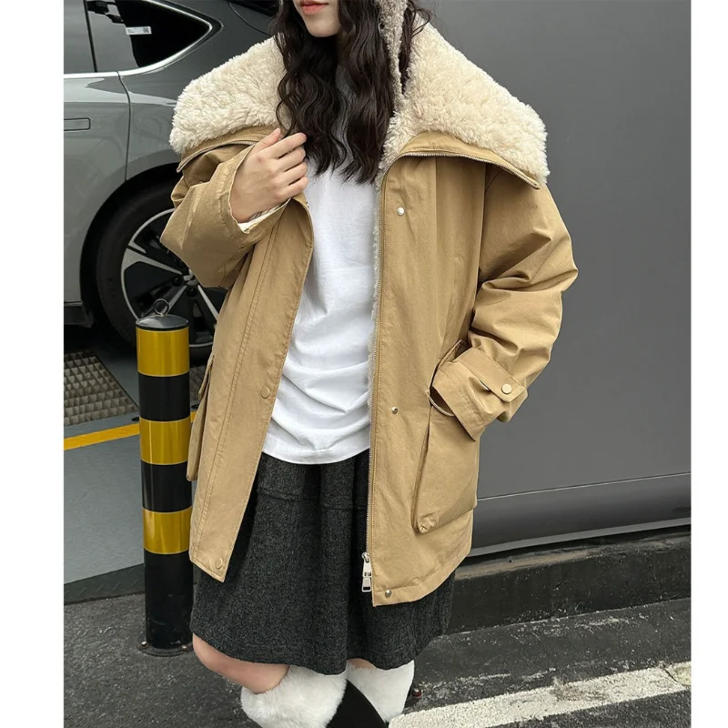Large Collar Splicing Fake Fur Down Inner Lining Warm Jacket for Women's Winter Fashion Loose Casual Olive Drab Parka Jacket