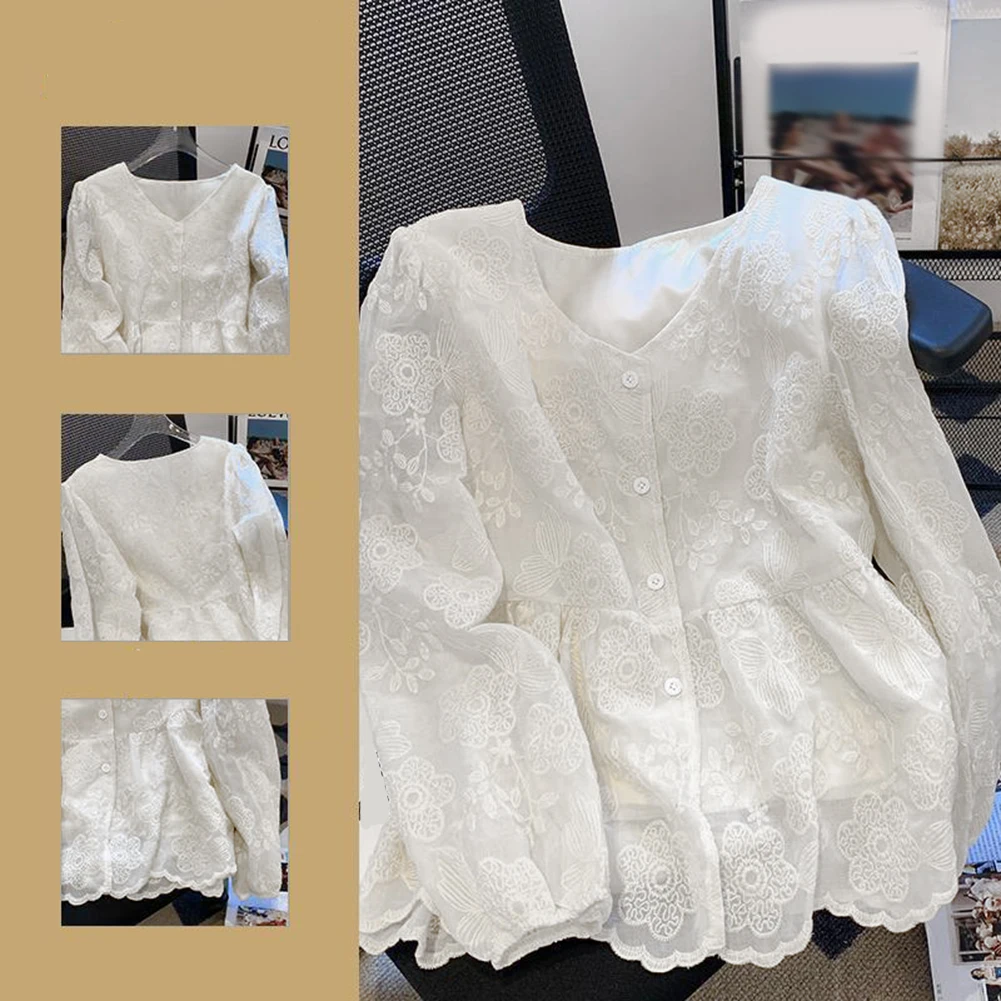 Sweet French Women Long Sleeve Shirts Lace Female Cute Tops Blouse  Ruffle Blouse Long Sleeve White Button Down Elegant Shirt