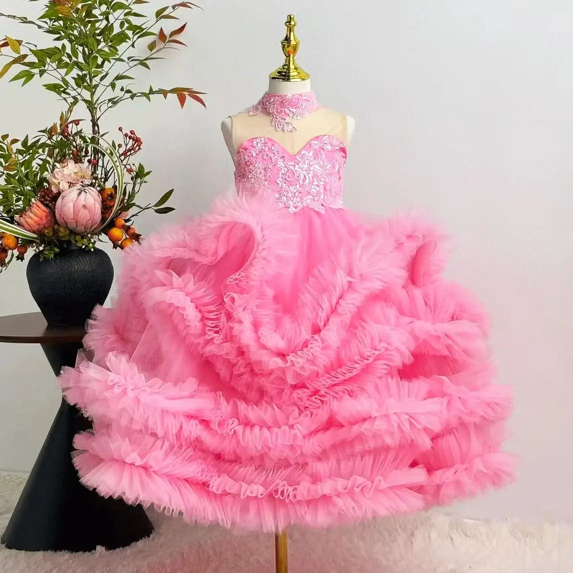 

Jill Wish J512 Luxury Pink Flower Girl Dress Beaded Floor Length Princess Wedding Birthday Party Pageant Festival Evening Gown