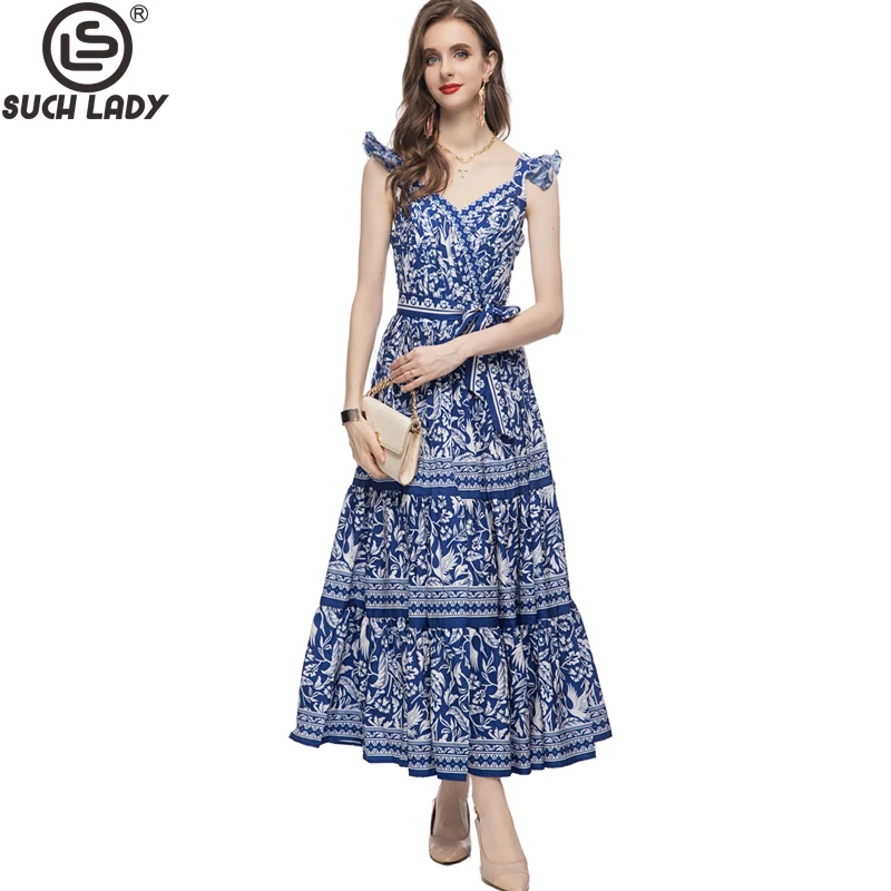 

Women's Runway Dresses V Neck Sleeveless Lace Up Ruffles Tiered Elegant High Street Fashion Summer Holiday Vestidos