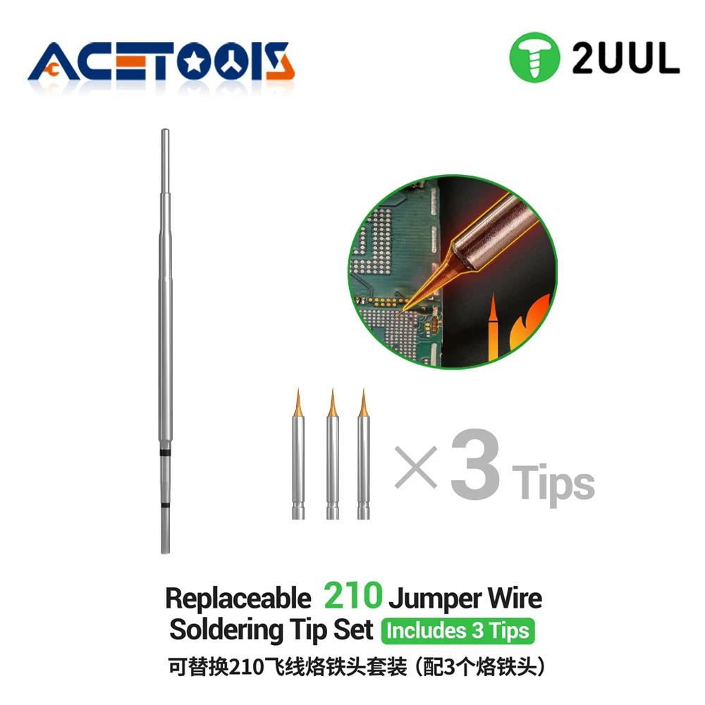 2UUL FD35 Replaceable 210 Jumper Wire Soldering Tip 3 PCS Fine Sharp Micro Tip for Phone Motherboard CPU Repair Rapid Heat Up