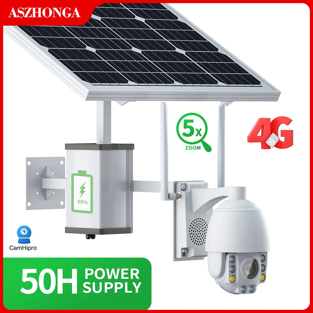 

ASZHONGA 4G Solar Camera HD Surveillance Dome Cam 60W Solar Panel with 30A/40A Rechargeable Battery CamHipro 1080P Security