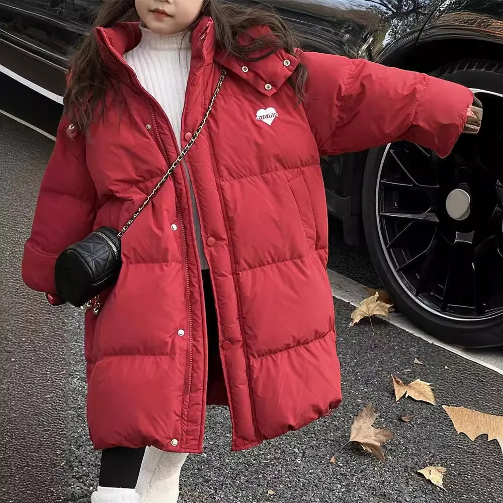 

New girls' cotton jacket, winter children's down extended version, winter clothing, over the knee cotton jacket, medium and larg