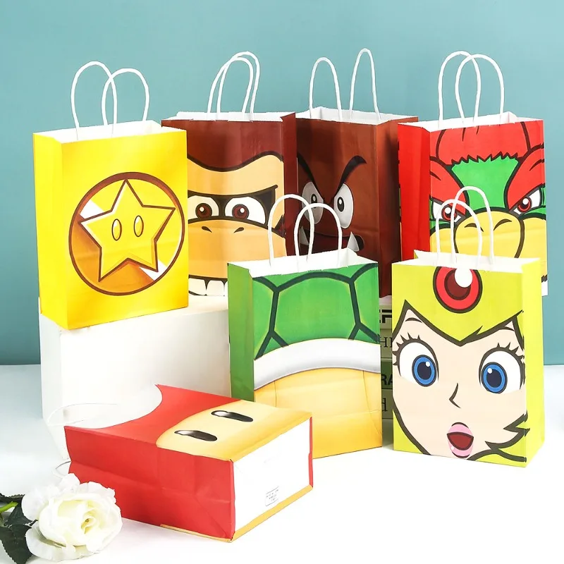 12pcs Super Mario Bros Party Gift Bag Anime Children Birthday Kraft Paper Candy Bag Food Packing Treat Bag Decoration Supplies