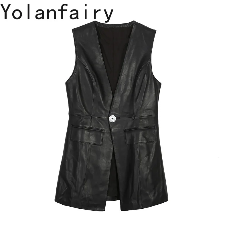 YOLANFAIRY 2026 Autumn New Women Slim Fit Mid Length Waistcoat Suit Collar Genuine Sheepskin Versatile Sleeveless Outer Gilet