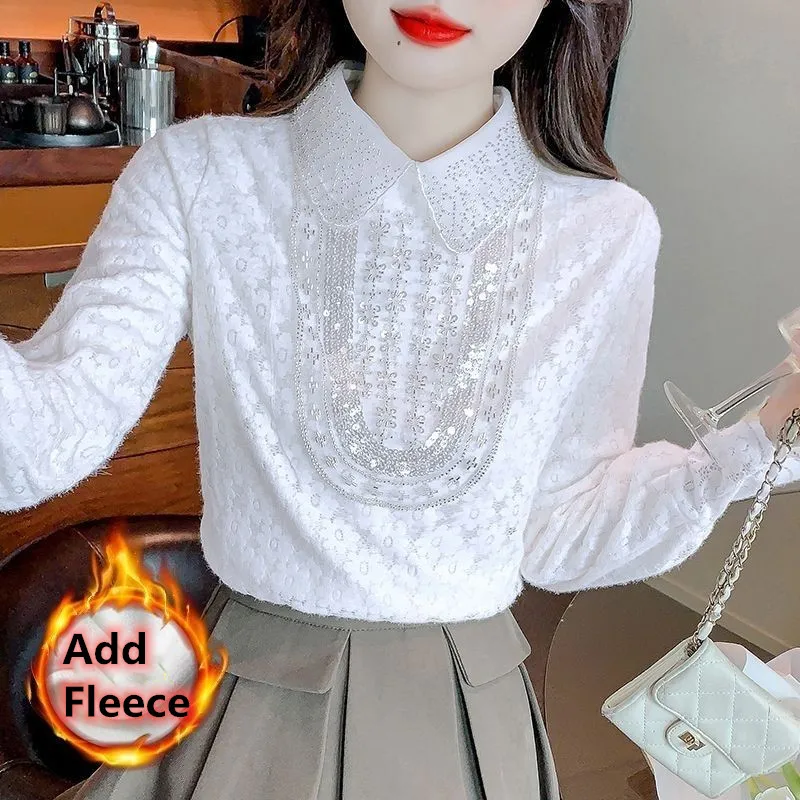 

French Lace Beaded Fleece Shirt 2025 New Autumn Winter Women Longsleeve T-shirt Office Lady Elegant White Lace Blouse Base Shirt