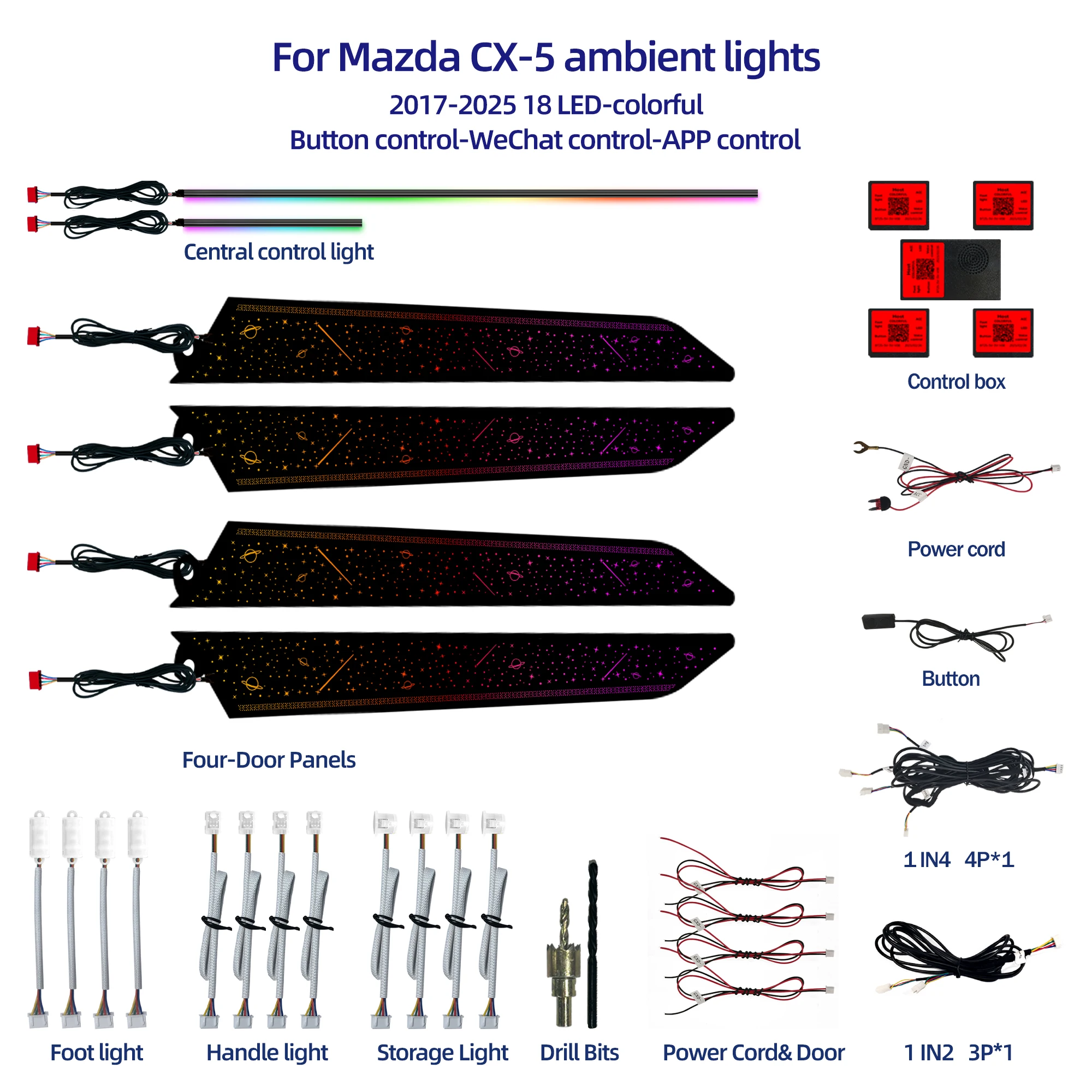 Mazda CX-5 2017-2025 4 Door Panels Ambient Lighting Kit 256-Color LED Strips & Footwell & Handle Lights Auto Interior Lighting