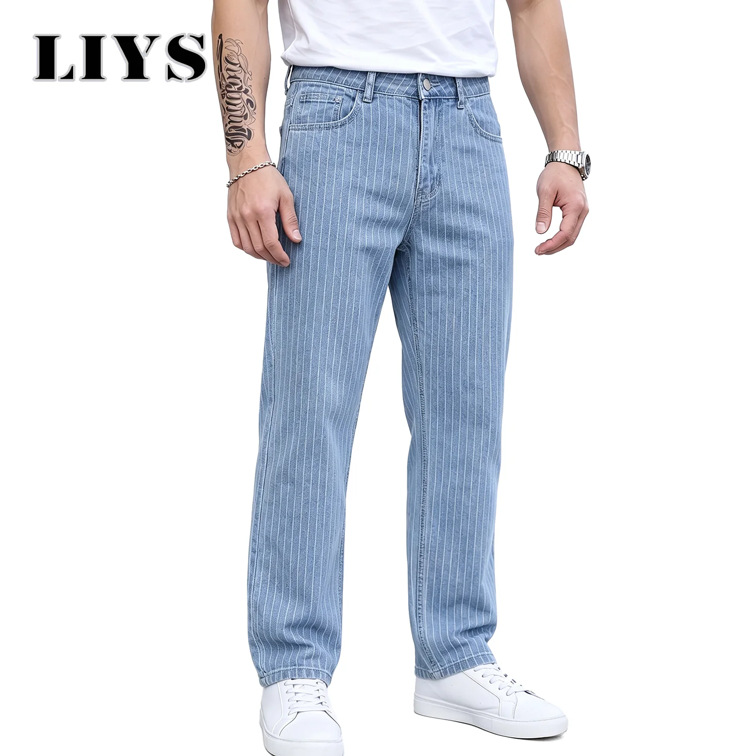 LIYS Light Light Blue White Striped Jacquard Slim Elastic Fit Straight Leg Jeans Business Casual Style Commuting Denim Pants﻿ ﻿