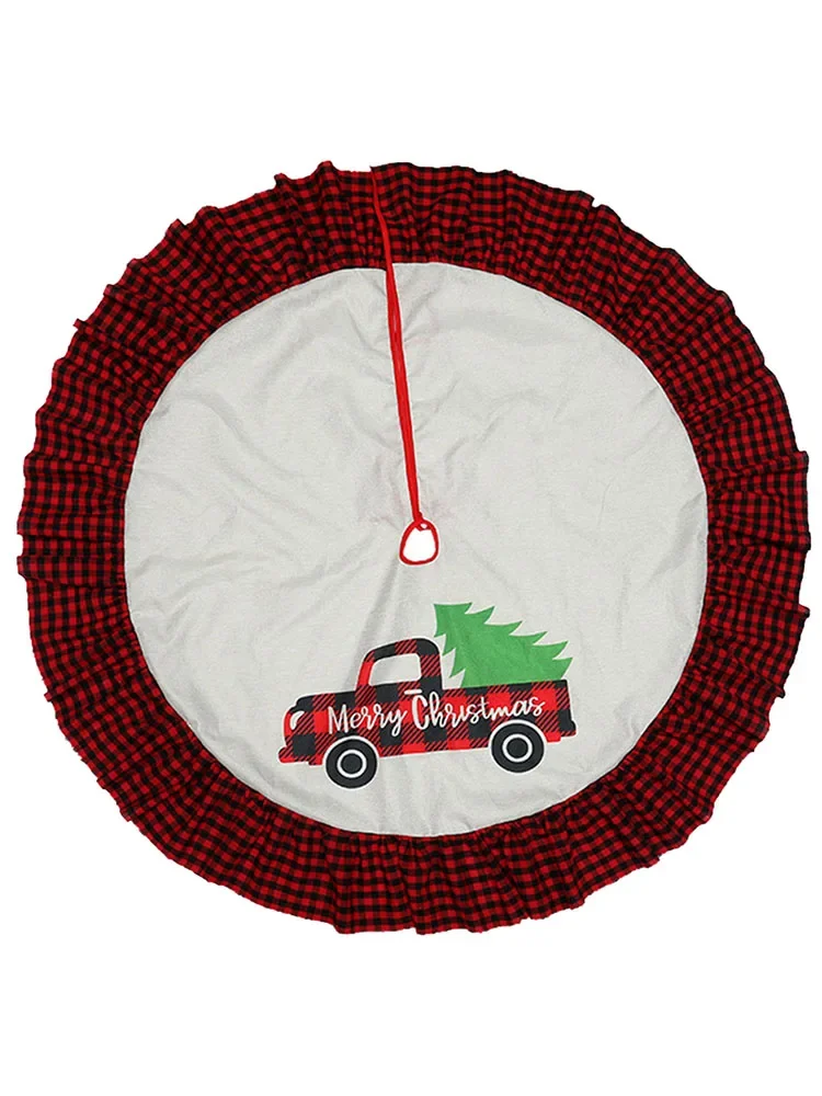 Linen Christmas Tree Skirt Red Black Plaid Lace Truck Print Home Christmas Party Decor Ornaments Xmas Tree Skirt - 90/120cm