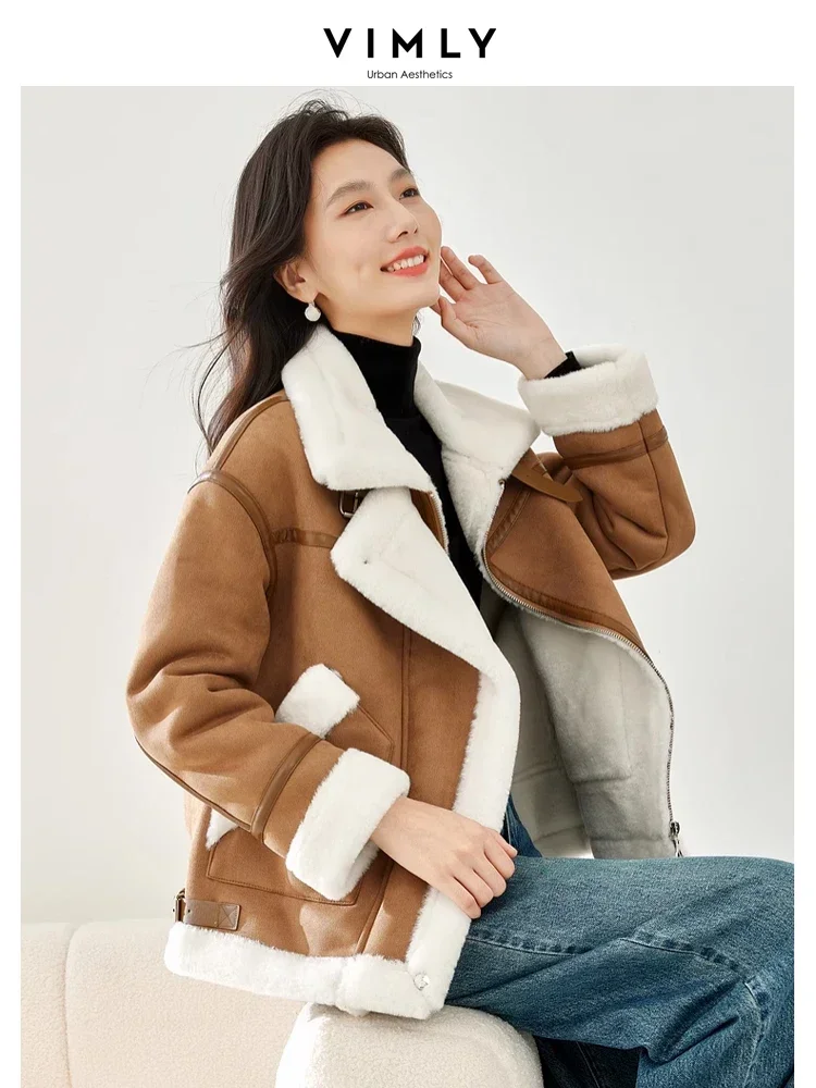 

Vimly Double Faced Faux Fur Jacket 2023 Lapel Zipper Long Turn-up Sleeve Contrast Faux Shearling Female Winter Warm Coat 50713