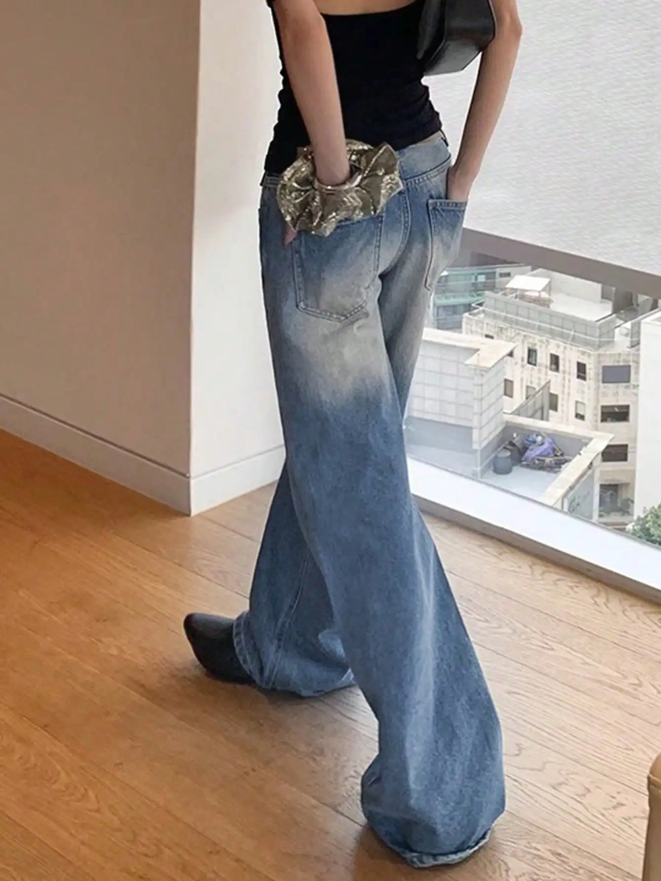 Korean Chic Crack Design Washed Blue Jeans Women's Loose Straight Pants Retro Floor-Length Wide-Leg Pants