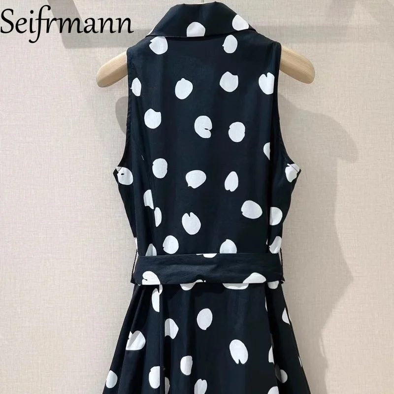 Seifrmann ドットプリントノースリーブファッションドレス女性のターンダウン襟シングルブレストレースアップスリムコットンヴィンテージドレス