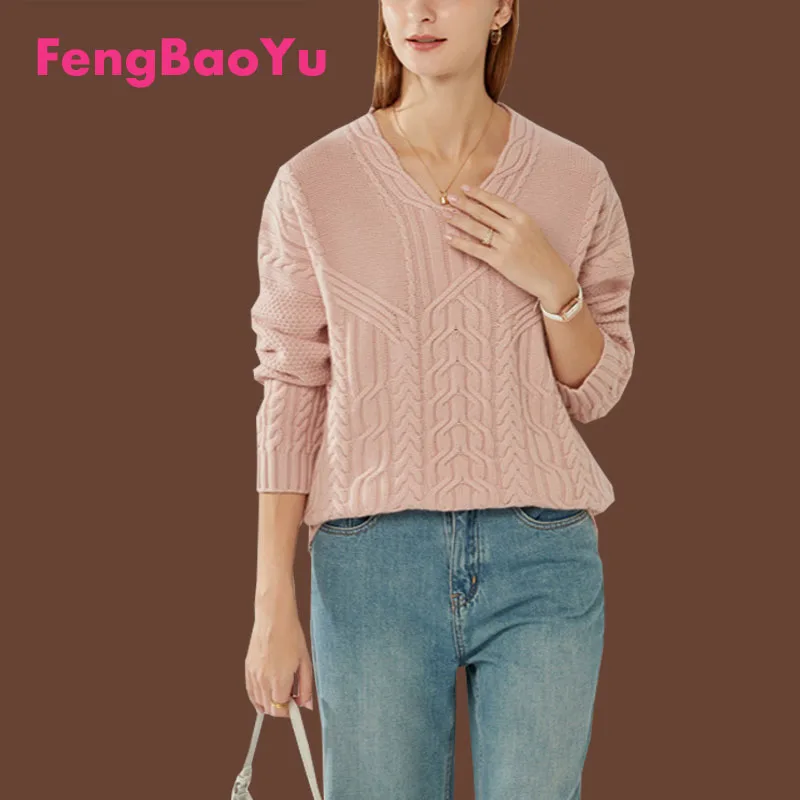 Fengbaoyu Autumn and Winter Women's Cashmere Sweater V Neck Thick Twisted Wool Loose Fashion Sweater Soft Warm Pullover Pink Top