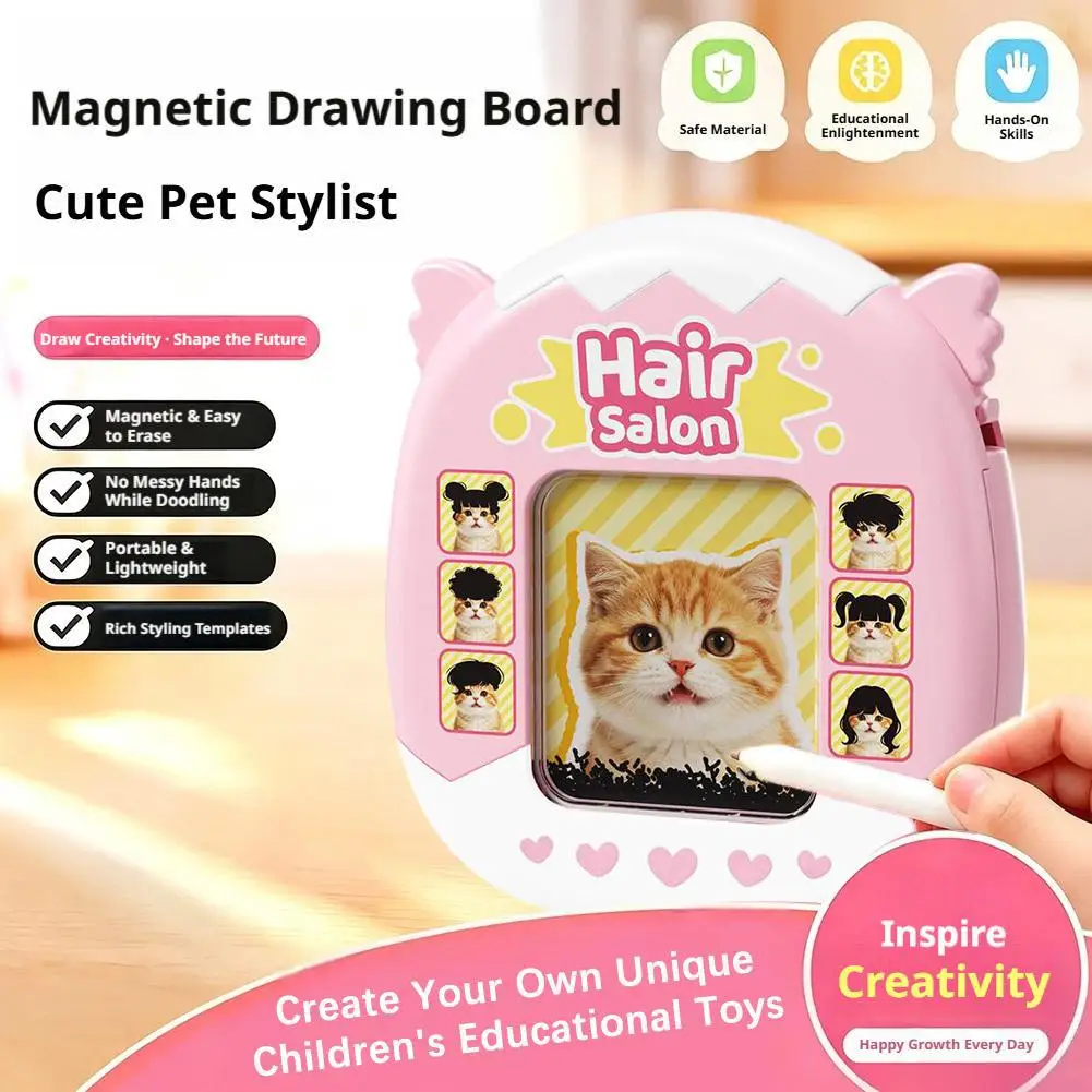 Children's DIY Cat Hairstyle Drawing Board Toy with Magnetic Beads Double-Sided Graffiti Creative Decompression Pendant for Stud