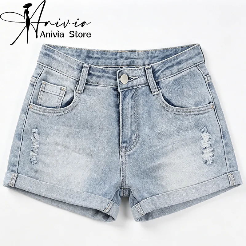 Women's Light Blue Cuffed Casual Denim Shorts Cargo Y2K Japanese High Street Aesthetic Fashion Retro Jeans Shorts Summer Clothes