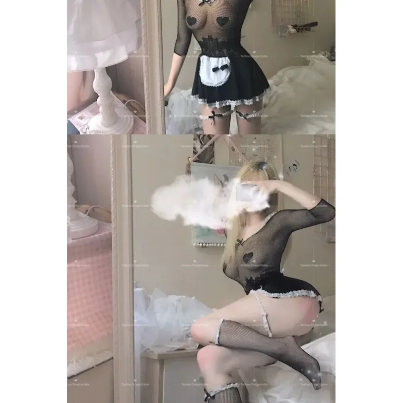 Maid Servant Lolita Sexy Costume Babydoll Dress Uniform Women Erotic Lingerie Set Role Play Cosplay French Apron with Stockings