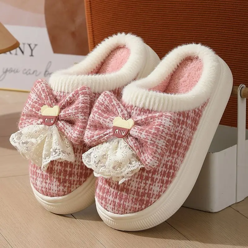 

New arrival pink bow tie slippers for women fashion home shoes woman lace deco room scuff lady girl sweet slipper indoor slidese