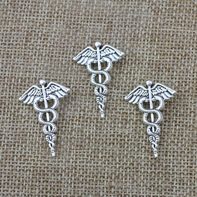 10 Pieces 30mm*20mm Antique Silver Plated Caduceus Medical Angel Snake Charms For Diy Jewelry Making