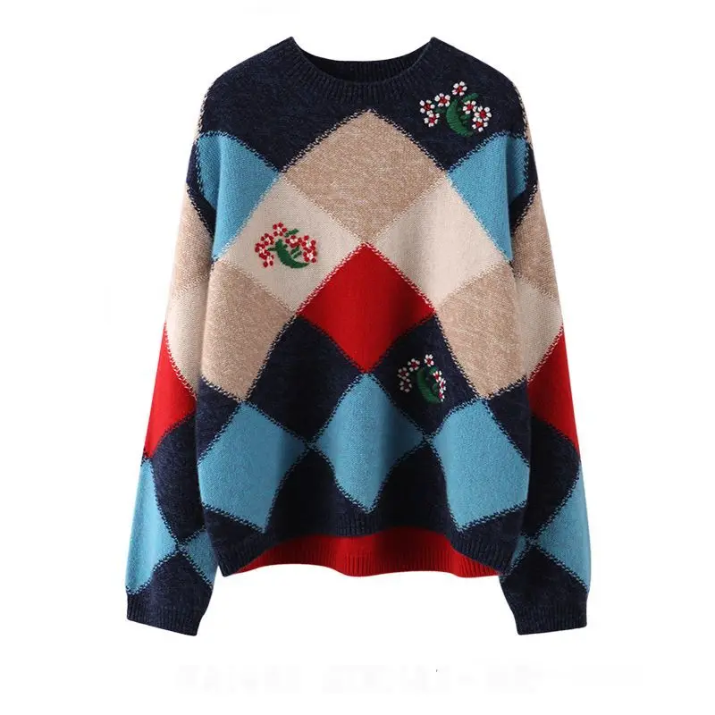 Female Vintage Contrasting Colors Argyle Knitted Jumpers Autumn Winter Patchwork Stylish Loose Chic Embroidery O-Neck Sweaters