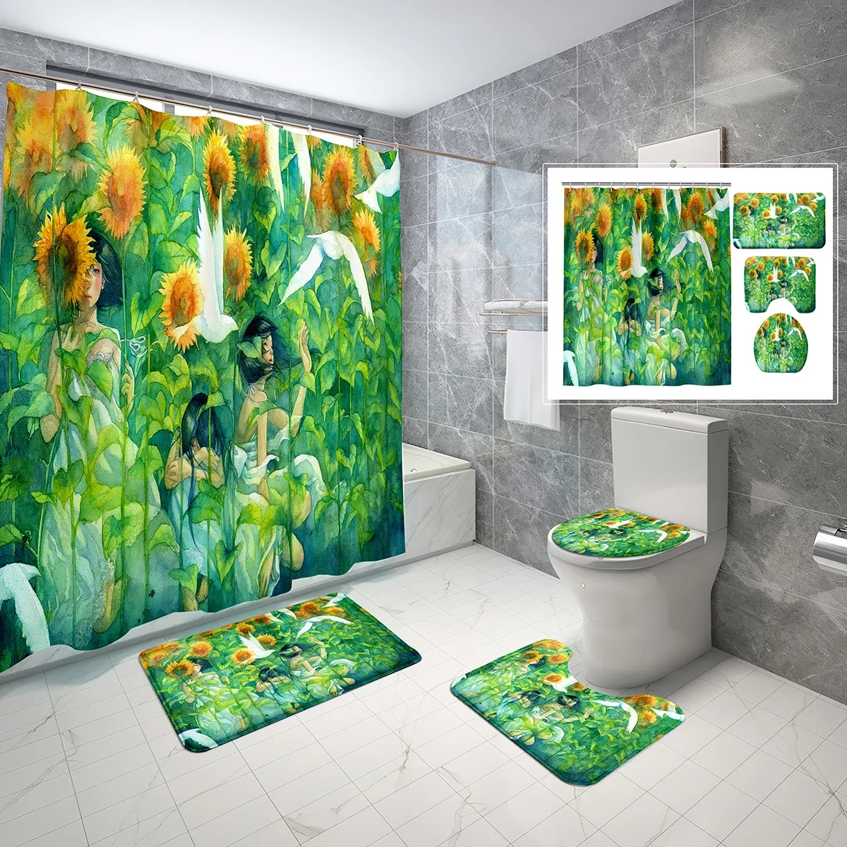 

Oil Painting Sunflower Shower Curtain Sets 4 Pcs Nature Flowers Non-slip Bath Mat Toilet Lid Waterproof Shower Curtain Sets