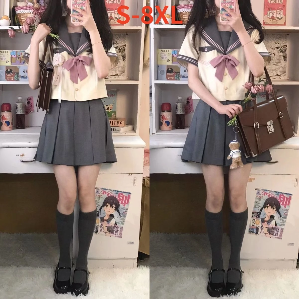 S-8xl plus Größe japanische Schuluniform jk Uniform Bogen Falten rock Anzug Student Seemann Anzug Frauen Kurzarm Anzug