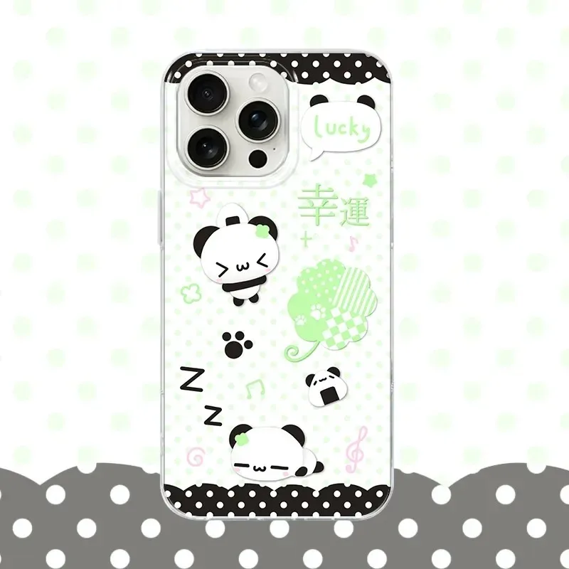 Cartoon Cute Panda Ins Pink Green Wave Dot Lucky Clover Phone Case For iPhone 17 Air 16 15 14 13 12 11 Pro Max 16 Plus Y2K Cover