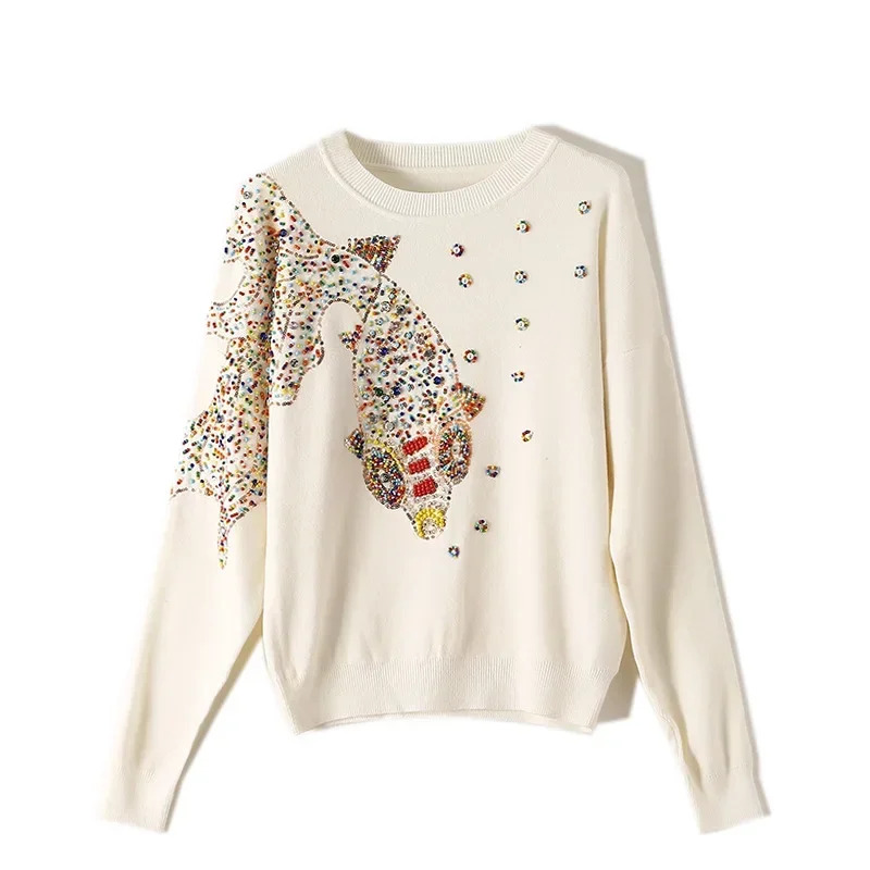 

A Euramerican Winter Sweater Women Keep Warm Pullover Diamond Goldfish Sequin Hight Quality Fashion Tops O-Neck Pullovers