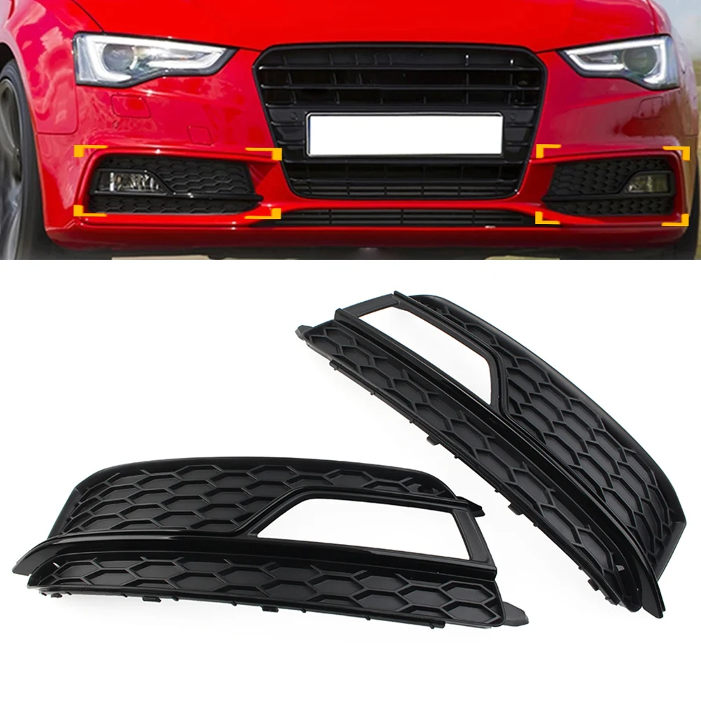 1 Pair Car Front Bumper Glossy Black Honeycomb Fog Light Grille Cover For Audi A5 S-Line S5 2013 2014 2015 2016 2017