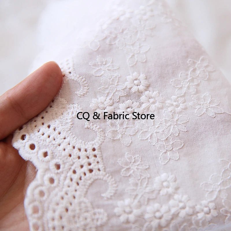 White Small Flower Embroidery Pure Cotton Cloth Handmade Clothing Fabric DIY Skirt Home Decorative Cloth